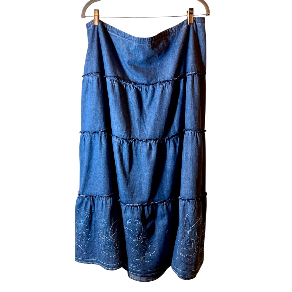 Women’s Blue Tiered Denim Skirt with Embroidered Hem